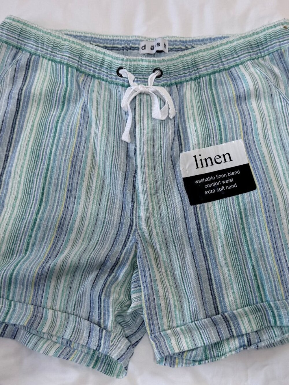 BRAND NEW (TAGS ATTACHED) DASH STRIPED LINEN GREEN BLUE WHITE SHORTS - M